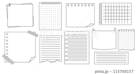 Memo sticky note reminder sheet paper. Doodle paper frame, check list with pin, tape, paperclip elements. Set cute notes, office or school messages. 115708157