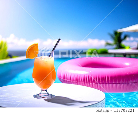 プールサイドのカクテルドリンクとピンクの浮き輪「AI生成画像」 115708221