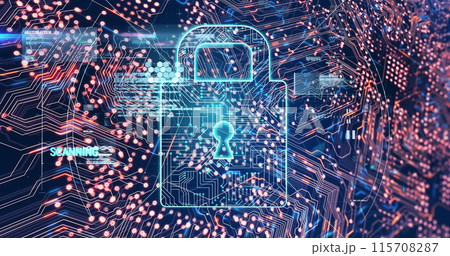 Image of integrated circuit and digital padlock on navy background Image of integrated circuit and digital padlock on navy background 115708287