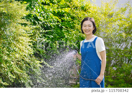 庭の緑に水やりをする笑顔のミドル女性 115708342