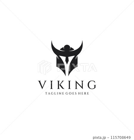 Viking warrior helmet logo with horned helmet and viking with the letter V. The logo can be used for boats, sports and others. Viking warrior helmet logo with horned helmet and viking with the letter V. The logo can be used for boats, sports and others. 115708649