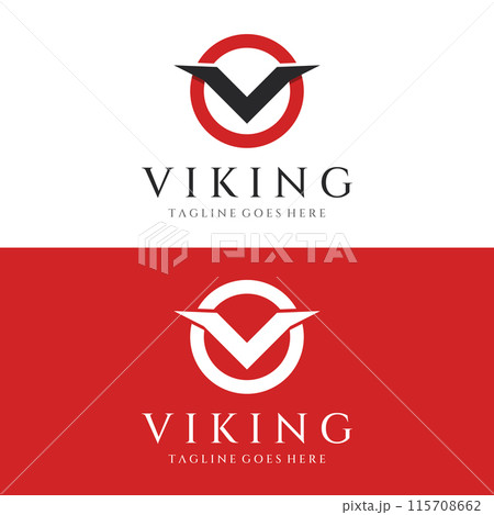 Viking warrior helmet logo with horned helmet and viking with the letter V. The logo can be used for boats, sports and others. Viking warrior helmet logo with horned helmet and viking with the letter V. The logo can be used for boats, sports and others. 115708662