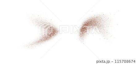 Coffee, cocoa or chocolate powder particles and speckles. Brown dust or sand wavy elements. Grounded beans, grains and granules wave flowing shapes. Vector spray speck swirl overlay textures Coffee, cocoa or chocolate powder particles and speckles. Brown dust or sand wavy elements. Grounded beans, grains and granules wave flowing shapes. Vector spray speck swirl overlay textures 115708674