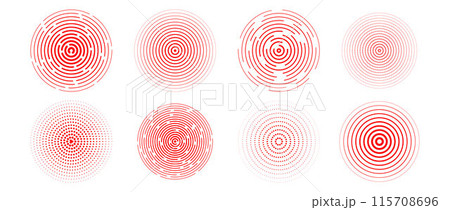 Red concentric circle set. Radial sonar or sound wave ring collection. Halftone, dashed and dotted line epicenter, target, radar icon symbols. Ripple concentric signal vibration elements. Vector 115708696
