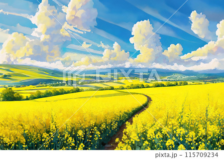 なだらかな大地の菜の花畑のイラスト 115709234