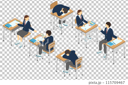アイソメトリックイラスト:学校机と高校生 アイソメトリックイラスト:学校机と高校生 115709467