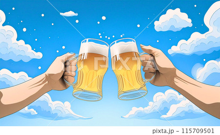 夏空とビールで乾杯のシンプルなイラスト,Generative AI AI画像 115709501
