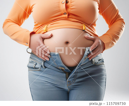メタボリックシンドロームの女性がお腹の贅肉をつまむ,Generative AI AI画像 メタボリックシンドロームの女性がお腹の贅肉をつまむ,Generative AI AI画像 115709730