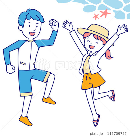 夏の海でジャンプする男女　シンプルカラー 115709735
