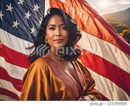 Portrait standing in front of a American flag background 4th of July Independence day celebration 115709800