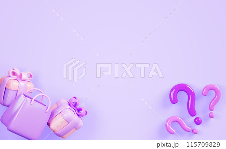 3d mystery gift boxes, shopping bag with question marks on purple background render. Fashion banner with surprise present packages to delivery with ribbon bows, discount or sale icons. 3D illustration 115709829