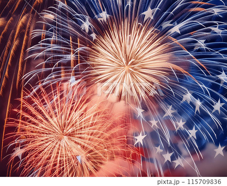 Blue white and red fireworks background with American flag 115709836
