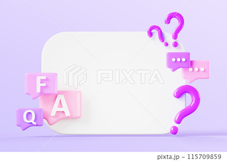3d white blank poster with faq speech bubbles render icon. Social media question, answer post banner template with chat message boxes, dialog frames and ask signs on purple background. 3D illustration 115709859