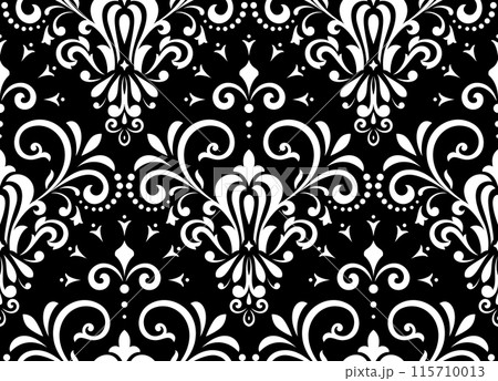 Wallpaper in the style of Baroque. Seamless vector background. White and black floral ornament. Graphic pattern for fabric, wallpaper, packaging. Ornate Damask flower ornament Wallpaper in the style of Baroque. Seamless vector background. White and black floral ornament. Graphic pattern for fabric, wallpaper, packaging. Ornate Damask flower ornament 115710013