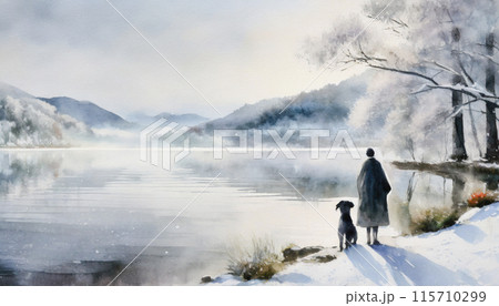 冬の湖畔を眺める女性とペットの犬の水彩画調,Generative AI,AI画像 冬の湖畔を眺める女性とペットの犬の水彩画調,Generative AI,AI画像 115710299