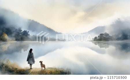 冬の湖畔を眺める女性とペットの犬の水彩画調,Generative AI,AI画像 115710300