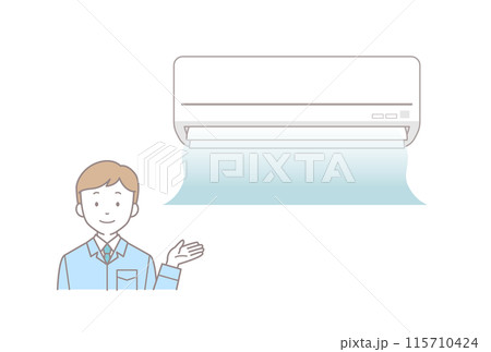 涼しい風が出てくるエアコンと作業員男性 涼しい風が出てくるエアコンと作業員男性 115710424