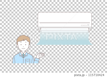 涼しい風が出てくるエアコンと作業員男性 涼しい風が出てくるエアコンと作業員男性 115710424