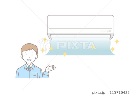 綺麗な風が出てくるエアコンと作業員男性 115710425