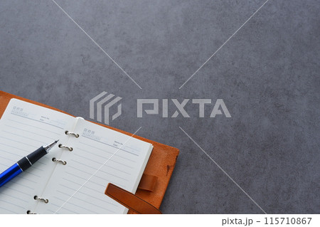 リング式のシステム手帳を開いて、日記をつけているイメージ 115710867