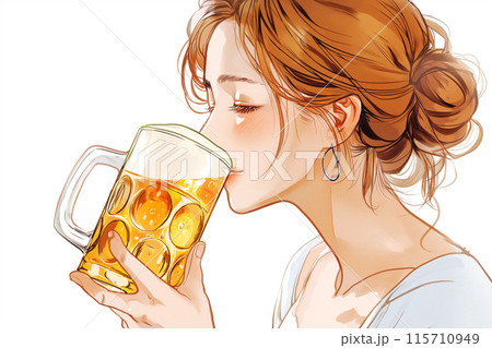 ビールを飲むほろ酔いの女性 ビールを飲むほろ酔いの女性 115710949