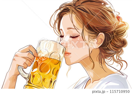 ビールを飲むほろ酔いの女性 ビールを飲むほろ酔いの女性 115710950