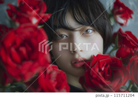 赤いバラの花に囲まれた美男子 赤いバラの花に囲まれた美男子 115711204