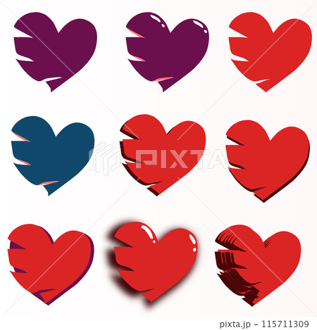 Different logos torn heart red fine and purple color on transparent background. Vector illustration heart with scratches from claws on the left side. Multiple elements with shadow and depth. Different logos torn heart red fine and purple color on transparent background. Vector illustration heart with scratches from claws on the left side. Multiple elements with shadow and depth. 115711309