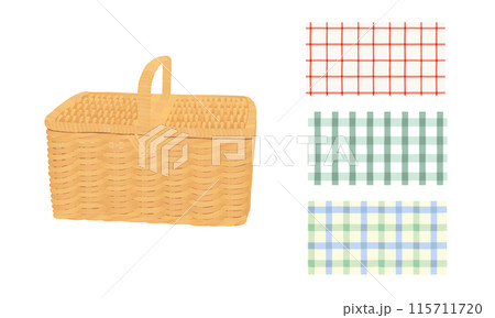 ピクニックバスケットとピクニックブランケットのイラスト 115711720