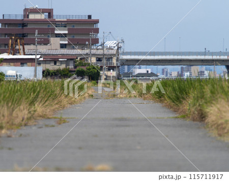 陽炎が立ちのぼる堤防の道路 陽炎が立ちのぼる堤防の道路 115711917