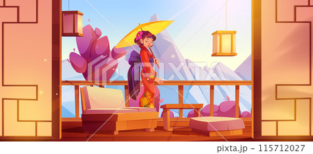 Geisha on house terrace against mountain landscape Geisha on house terrace against mountain landscape 115712027