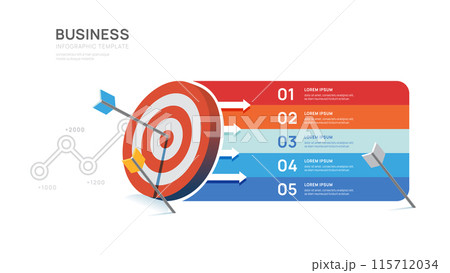 Target arrow 5 steps to goal infographic template for business, presentation vector infographics. Target arrow 5 steps to goal infographic template for business, presentation vector infographics. 115712034