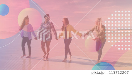 Image of shapes over diverse friends walking together and holding hands 115712207