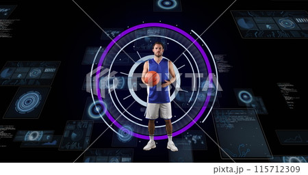 Image of caucasian male basketball player over scope scanning on black background Image of caucasian male basketball player over scope scanning on black background 115712309