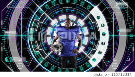 Image of african american male rugby player over scope scanning on black background 115712334