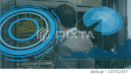 Image of scope scanning over caucasian male it technician fixing cables in computer server Image of scope scanning over caucasian male it technician fixing cables in computer server 115712357