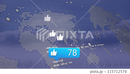 Image of social media icons with growing number and financial data processing over cityscape 115712578
