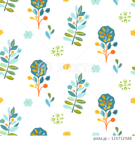 Seamless pattern featuring plants, flowers, and woodland berries in bright, vibrant colors. Ideal for spring designs, textiles, and wallpapers. Captures a fresh and playful vibe with folk art Seamless pattern featuring plants, flowers, and woodland berries in bright, vibrant colors. Ideal for spring designs, textiles, and wallpapers. Captures a fresh and playful vibe with folk art 115712588