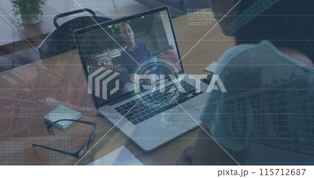 Image of data processing and clock over african american businesswoman having image call 115712687