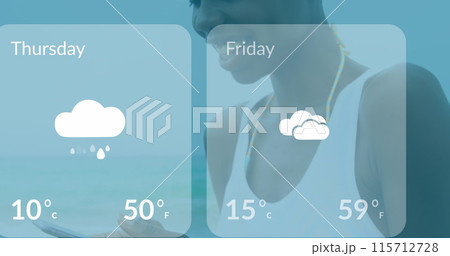 Image of weather forecast overhands of african american woman using smartphone Image of weather forecast overhands of african american woman using smartphone 115712728