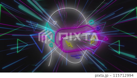 Image of head with vr headset over pink and blue neon light trails Image of head with vr headset over pink and blue neon light trails 115712994