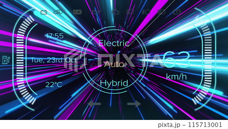 Image of electric car icons over pink and blue neon light trails Image of electric car icons over pink and blue neon light trails 115713001