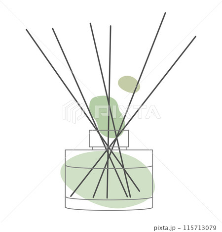Home Fragrance Linear Icon, Glass Bottle with Wooden Aroma Sticks, Perfume for home, editable black Contour on white background with Abstract Green color Shapes. Isolated Vector Outline Illustration. Home Fragrance Linear Icon, Glass Bottle with Wooden Aroma Sticks, Perfume for home, editable black Contour on white background with Abstract Green color Shapes. Isolated Vector Outline Illustration. 115713079