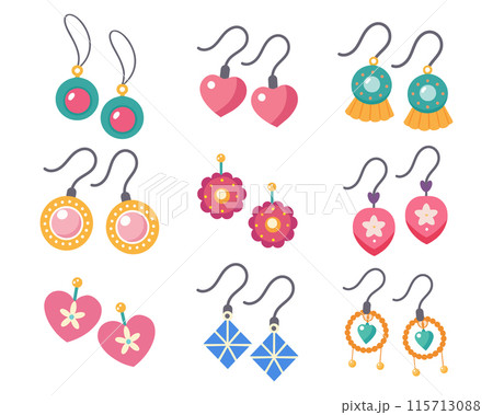 Kids jewelry set. Colorful handmade earrings with plastic beads, stars, hearts, flowers. Illustration in flat style. Vector 115713088
