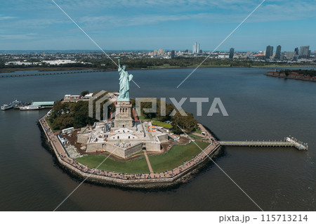 Aerial view of the Statue of Liberty and Liberty Island in New York City 115713214