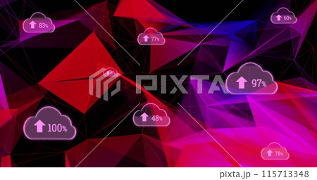 Cloud icons with arrows on a colorful network symbolize global connectivity growth. 115713348