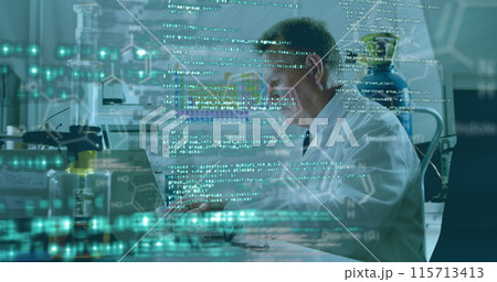 Image of data flowing over a view of a male laboratory worker using a computer during the research Image of data flowing over a view of a male laboratory worker using a computer during the research 115713413