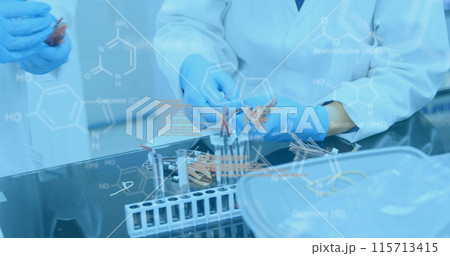 Lab workers examine samples amid COVID-19, depicted with flowing data imagery. 115713415