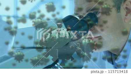Coronavirus research depicted with cells over a male scientist using a microscope. 115713418