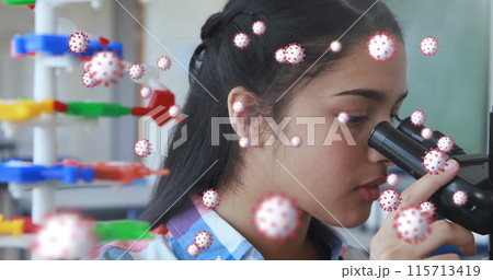 Coronavirus research depicted with cells over a female scientist using a microscope. Coronavirus research depicted with cells over a female scientist using a microscope. 115713419